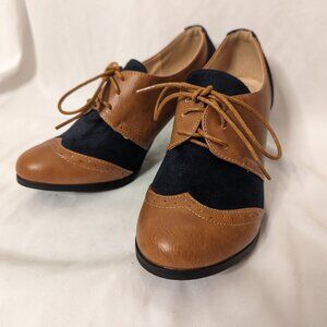 Chase + Chloe Navy Suede and Brown Leather Heels